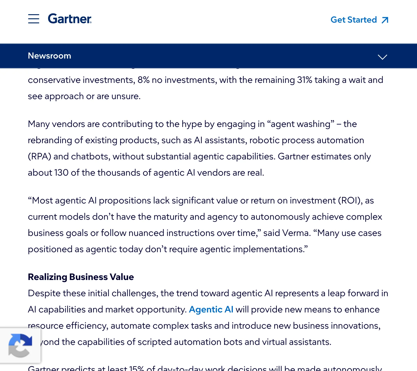 Gartner's press release: vendors engaging in agent washing, rebranding AI assistants, RPA and chatbots, and only about 130 of thousands of agentic AI vendors real.