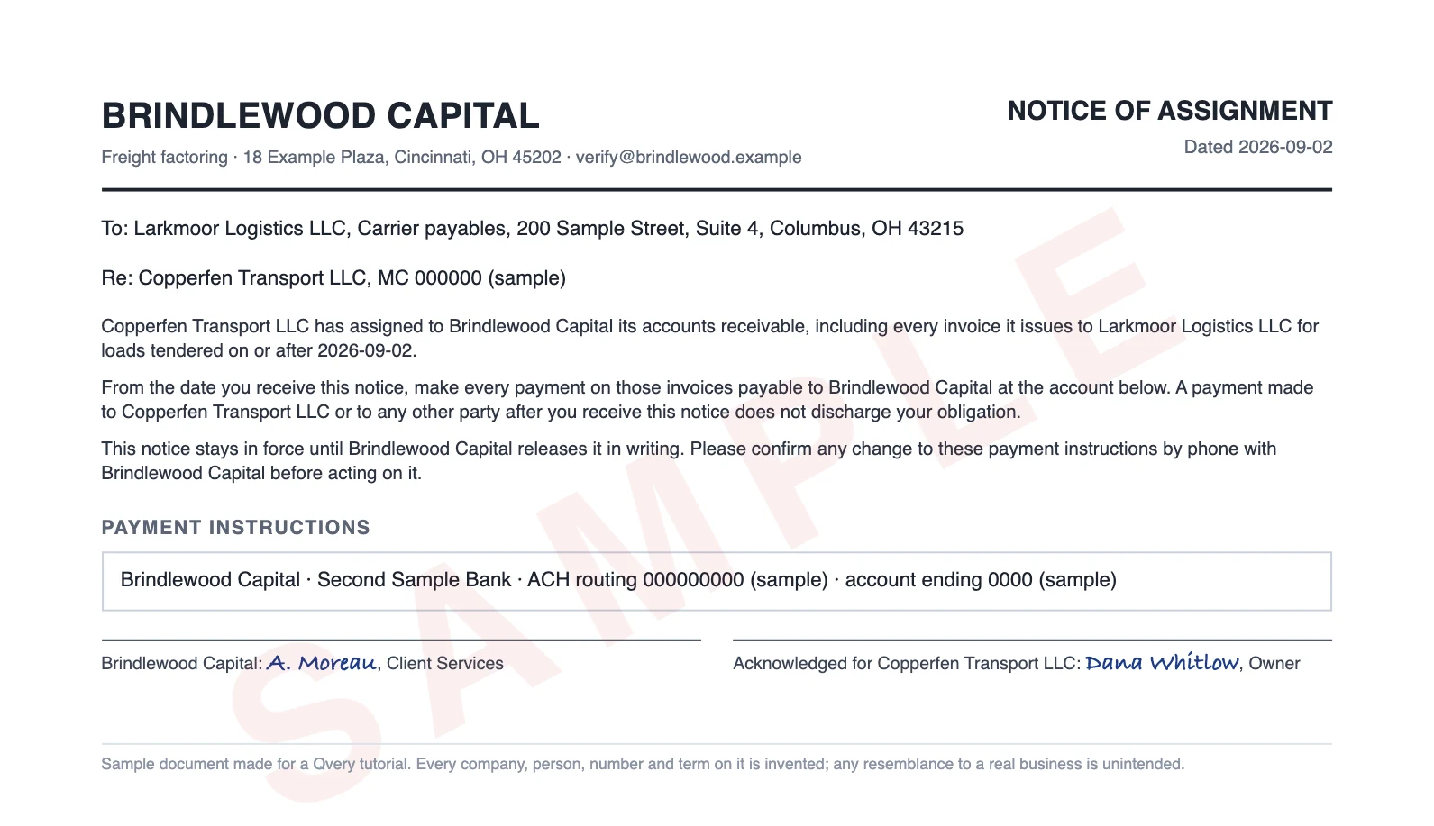 Sample notice of assignment from Brindlewood Capital, dated 2026-09-02, telling the broker to pay every Copperfen invoice to Brindlewood until Brindlewood releases it in writing.