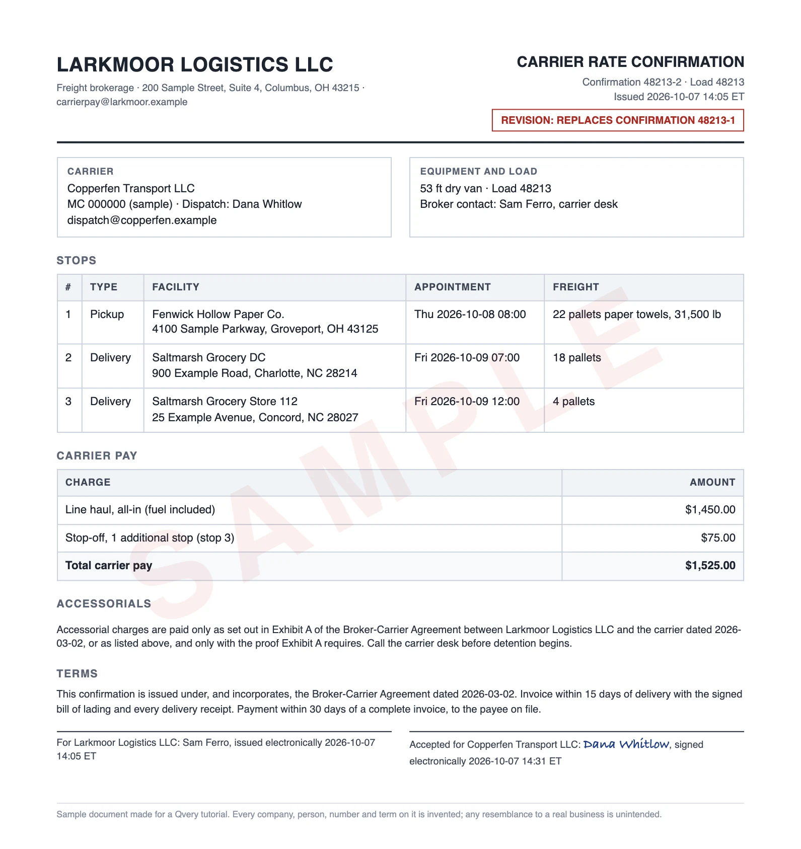 Sample rate confirmation 48213-2, marked as a revision that replaces 48213-1, with three stops, an all-in line haul of $1,450 and a $75 stop-off.