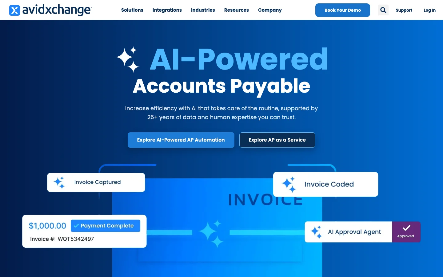 AvidXchange's homepage, headed AI-Powered Accounts Payable, above invoice status cards
