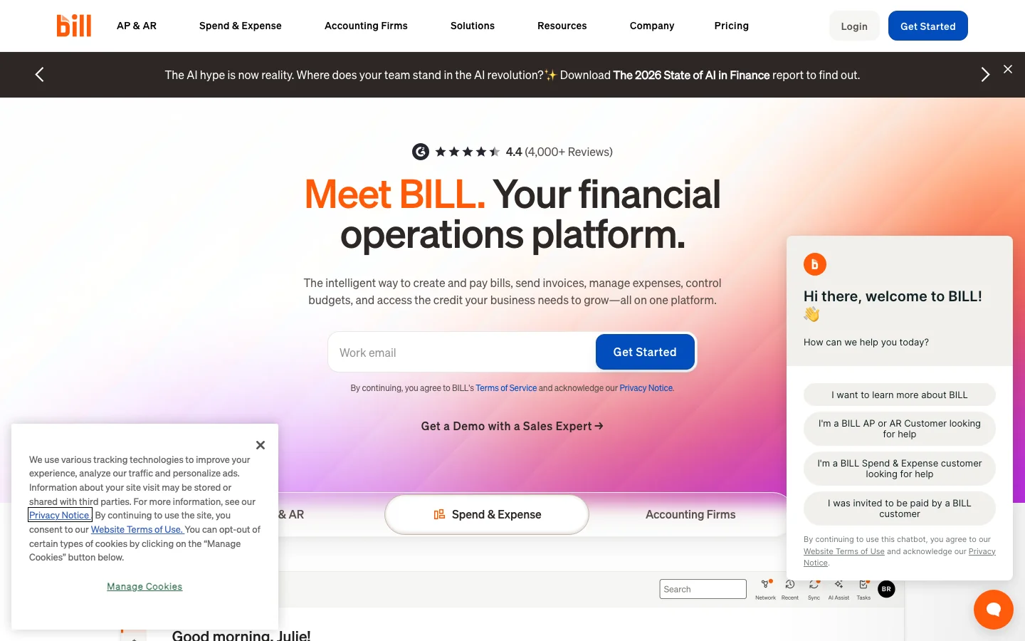 BILL's homepage, headed Meet BILL. Your financial operations platform., with a cookie notice and a chat window open