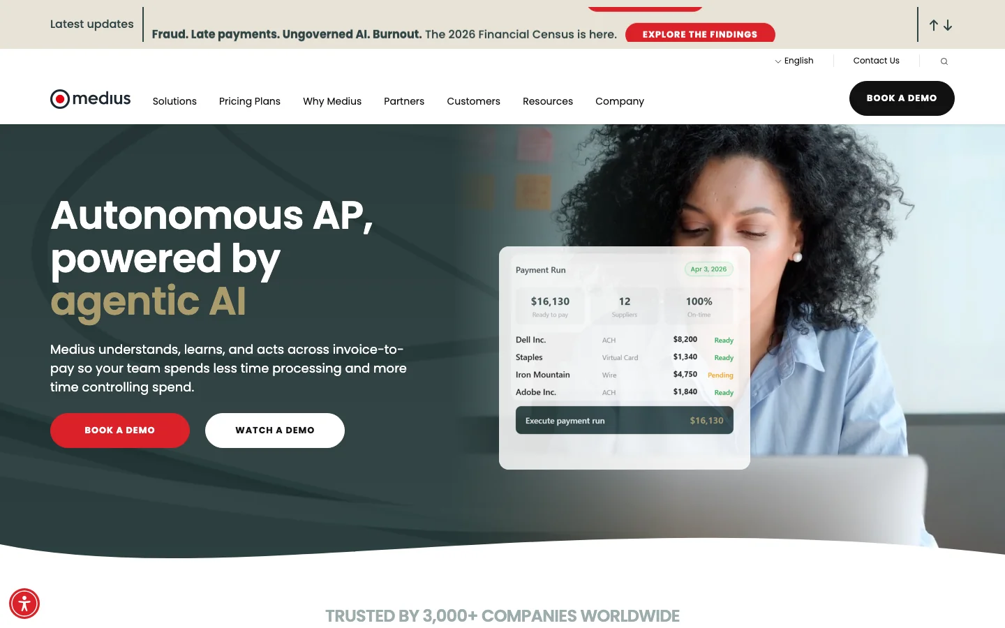 Medius's homepage, headed Autonomous AP, powered by agentic AI, beside a sample payment run