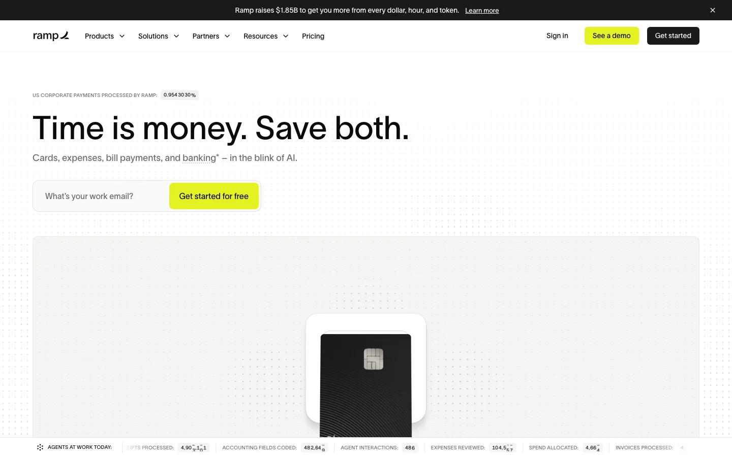 Ramp's homepage, headed Time is money. Save both., above a black corporate card