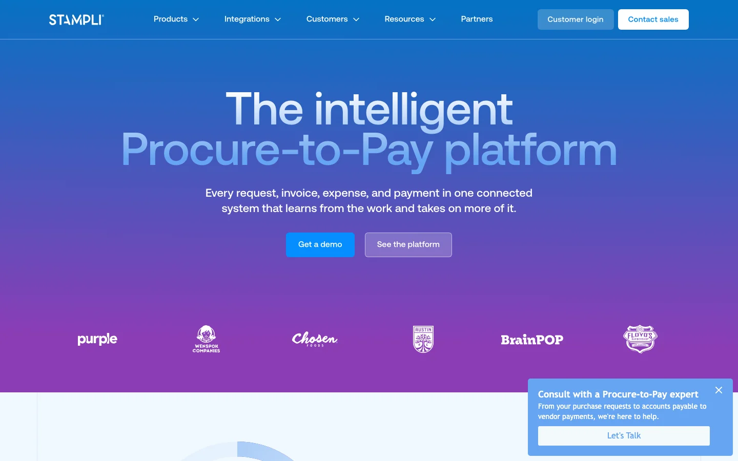Stampli's homepage, headed The intelligent Procure-to-Pay platform, on a blue and purple background