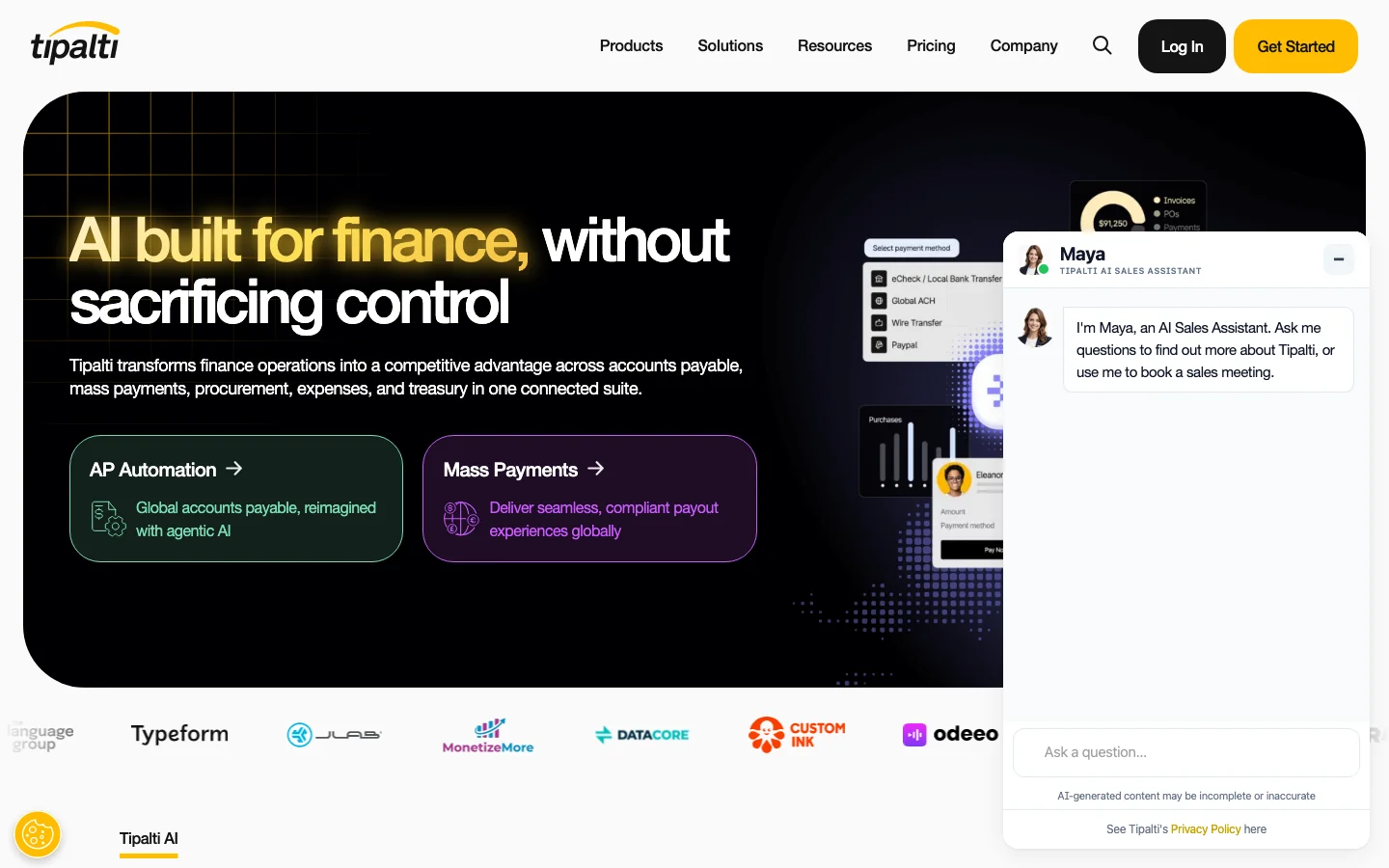 Tipalti's homepage, headed AI built for finance, without sacrificing control, with its sales chat window open