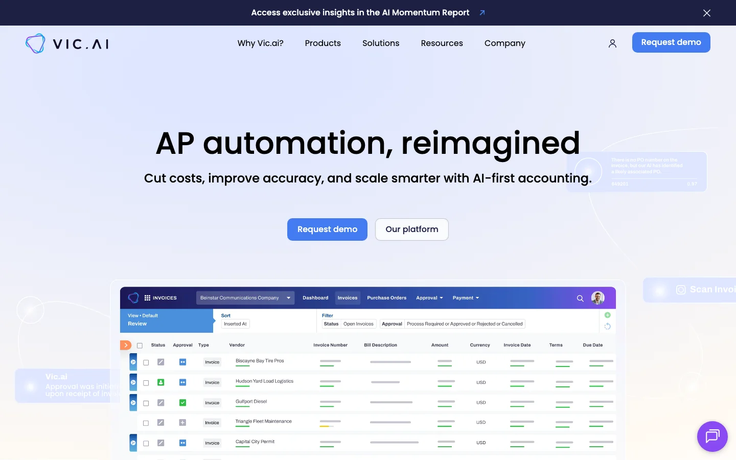 Vic.ai's homepage, headed AP automation, reimagined, above a sample invoice queue