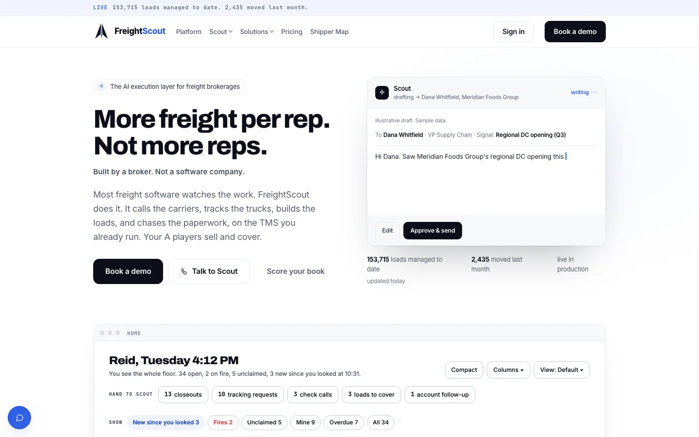 FreightScout's homepage, headed More freight per rep. Not more reps., beside a sample outreach draft and a load board