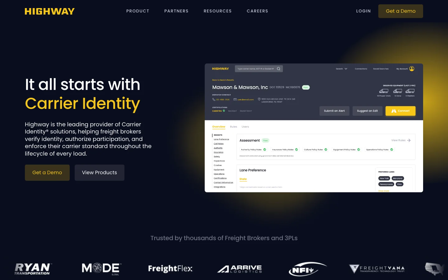 Highway's homepage, headed It all starts with Carrier Identity, beside a carrier profile whose assessment passes its authority, insurance and equipment rules