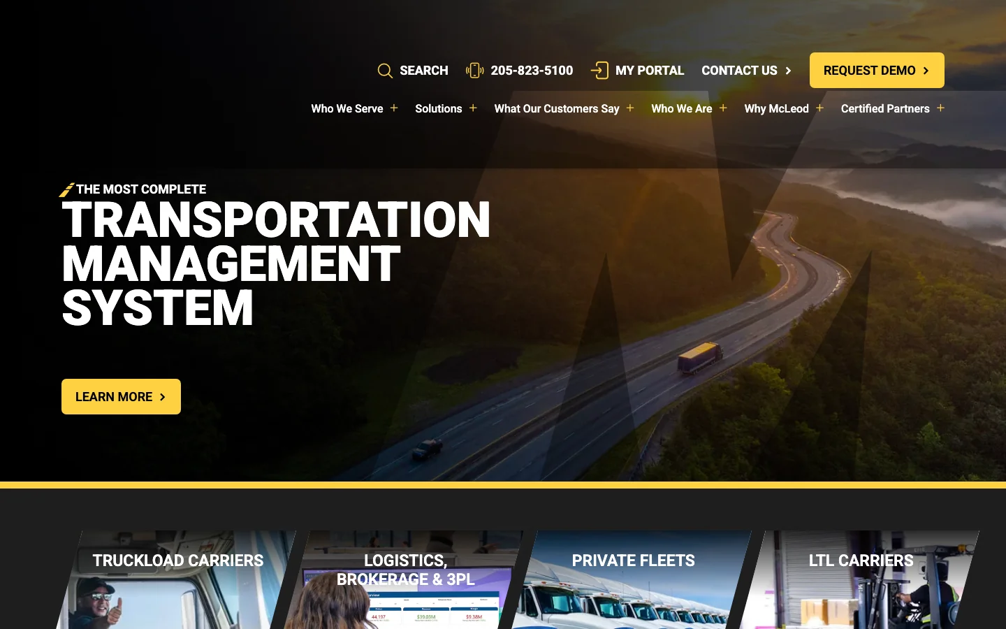 McLeod Software's homepage, headed The Most Complete Transportation Management System, over a photo of a truck on a mountain highway