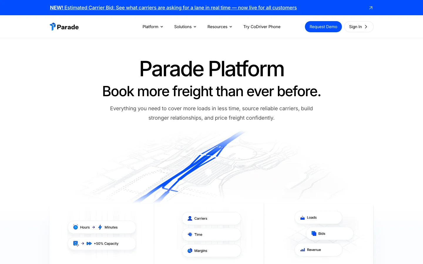 Parade's homepage, headed Parade Platform and Book more freight than ever before, under a banner announcing Estimated Carrier Bid