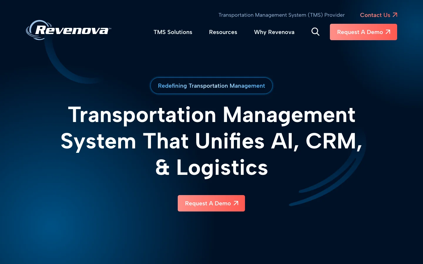Revenova's homepage, headed Transportation Management System That Unifies AI, CRM, & Logistics, on a dark blue background