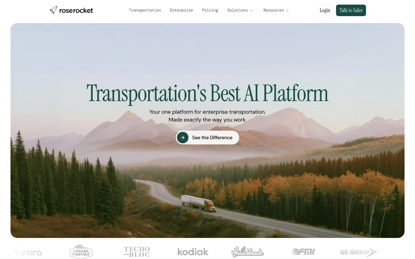 Rose Rocket's homepage, headed Transportation's Best AI Platform, over a photo of a truck on a forest road