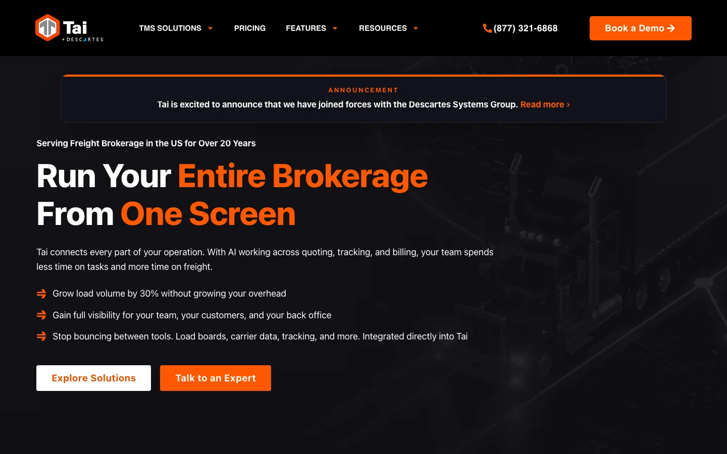 Tai's homepage, headed Run Your Entire Brokerage From One Screen, under an announcement that Tai has joined the Descartes Systems Group