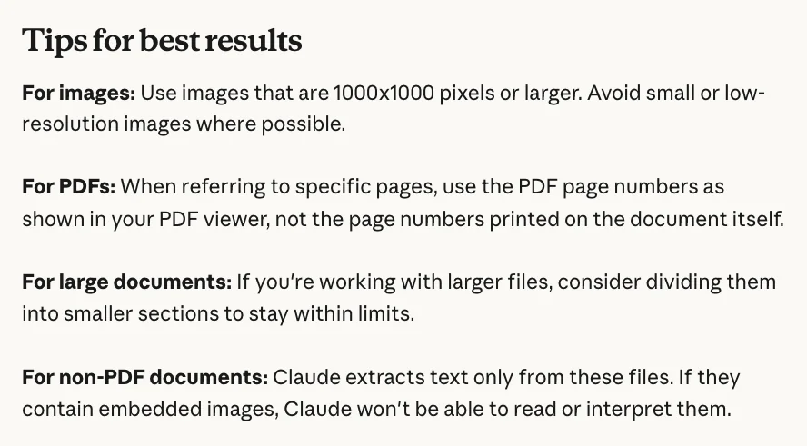 Claude Help Center, Tips for best results: for PDFs, when referring to specific pages, use the PDF page numbers as shown in your PDF viewer, not the page numbers printed on the document itself.