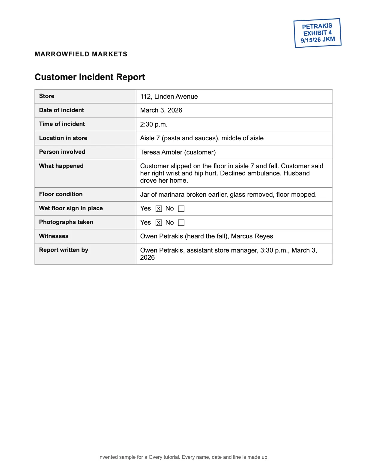 The invented store's customer incident report, Exhibit 4, with the box for wet floor sign in place marked Yes and the time of incident given as 2:30 p.m.