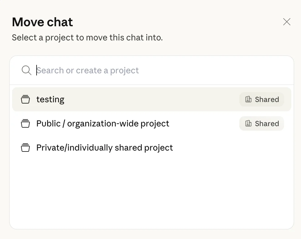 Claude's Move chat dialog, listing projects to move a chat into, with a search box to find or create a project.