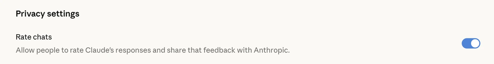Claude's organization privacy settings with the Rate chats toggle, which lets people rate Claude's responses and share that feedback with Anthropic.