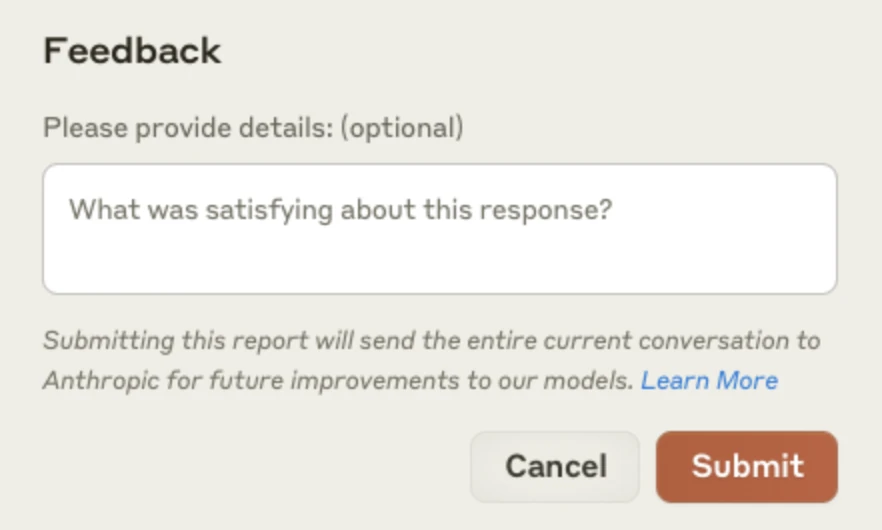 Claude's feedback dialog after a thumbs up, with a details box and the line: submitting this report will send the entire current conversation to Anthropic.