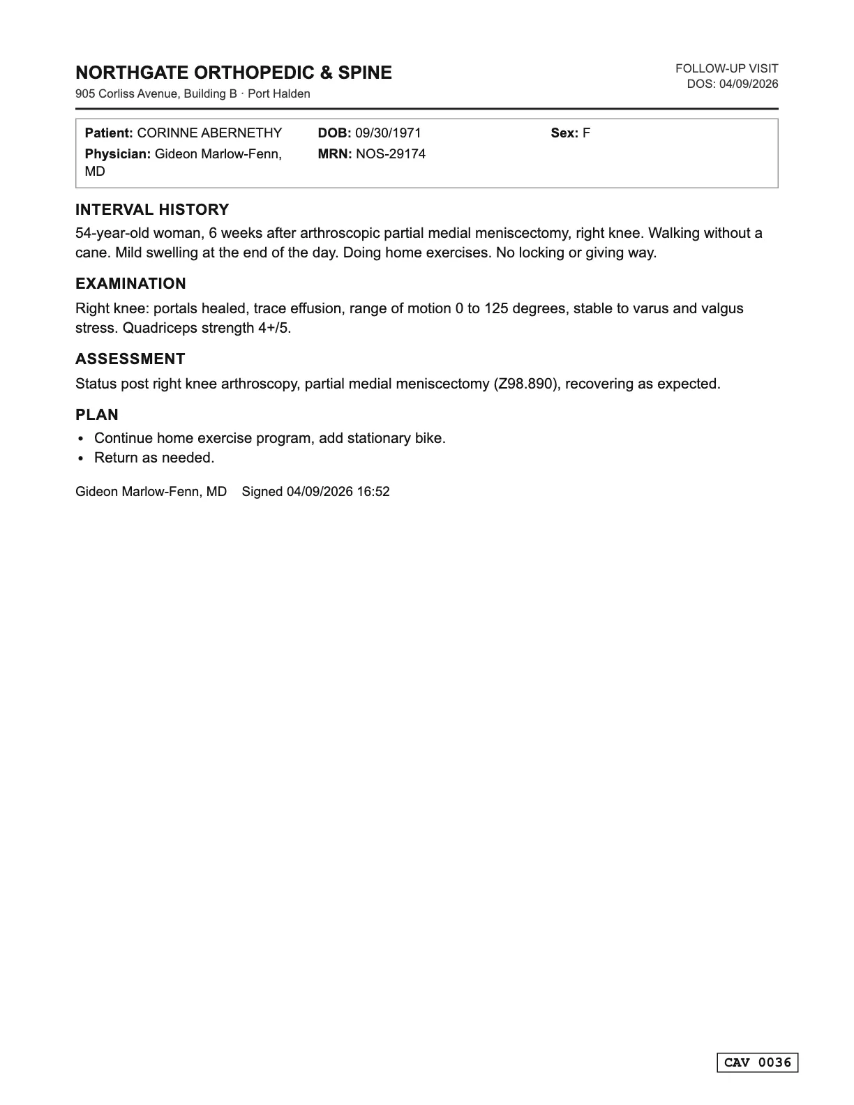 Page CAV 0036 of the invented record set: an orthopedic follow-up dated 04/09/2026 for Corinne Abernethy, born 09/30/1971, about a right knee, filed among the client's records.